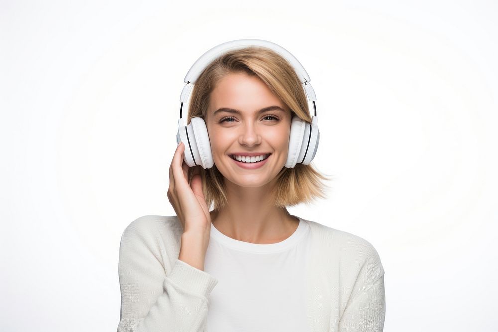 Woman wearing headphones holding phone portrait headset adult. AI generated Image by rawpixel.