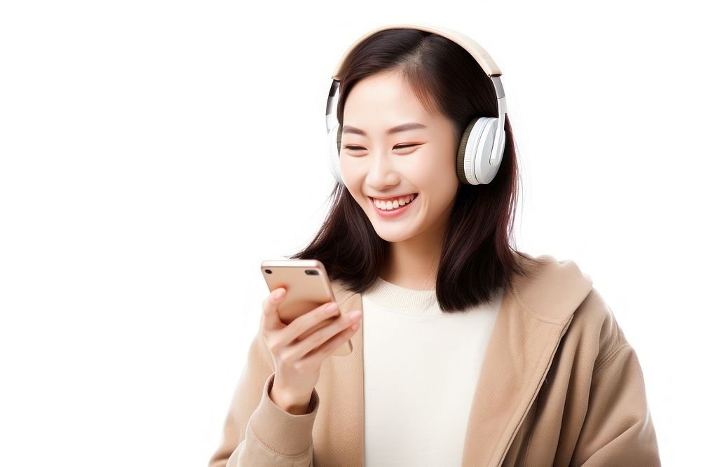 Young woman wearing headphones and playing phone headset adult photo. AI generated Image by rawpixel.