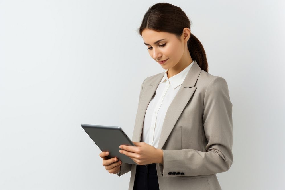 Young woman and tablet in the hand of an office employee computer blazer adult. AI generated Image by rawpixel.