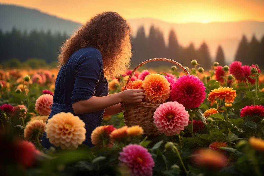 A farmer harvests a bouquet of flowers outdoors nature dahlia. AI generated Image by rawpixel.