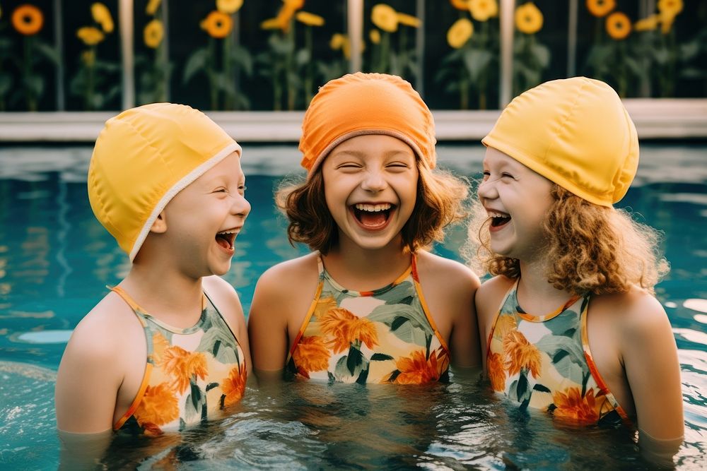 Happy three girls laughing swimwear child. AI generated Image by rawpixel.