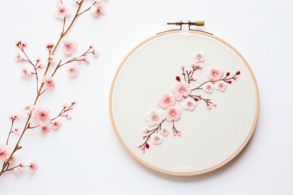 Little Cherry blossom circle border embroidery pattern textile. AI generated Image by rawpixel.