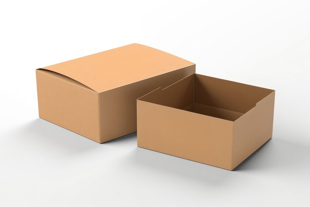 Pened Kraft mailer box mockup cardboard carton white background. AI generated Image by rawpixel.