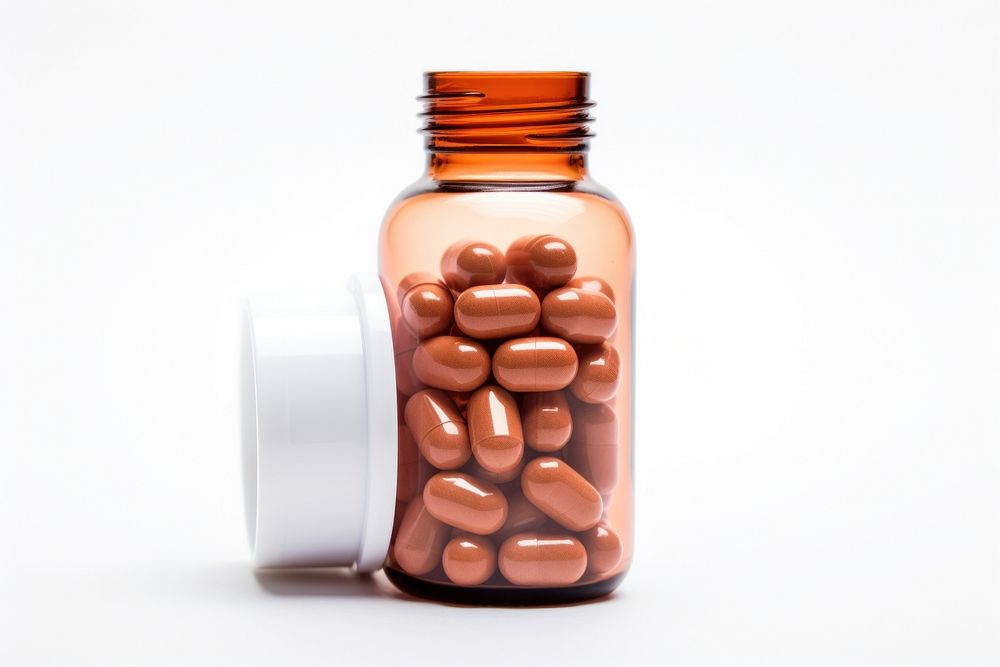 Capsule medicine bottle brown pill. 