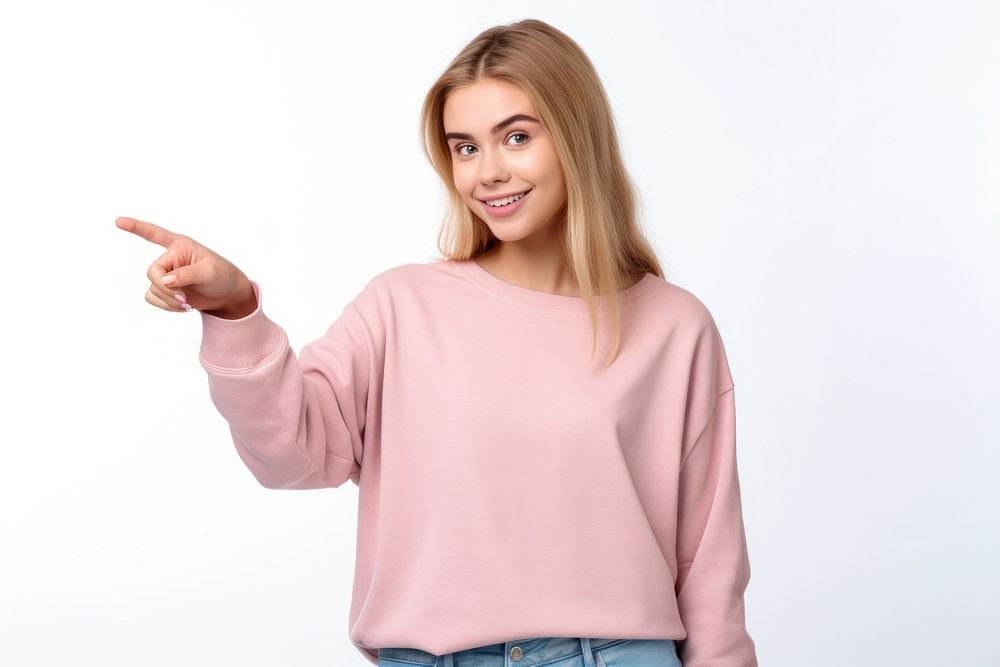 Caucasian woman pointing portrait sweater. AI generated Image by rawpixel.