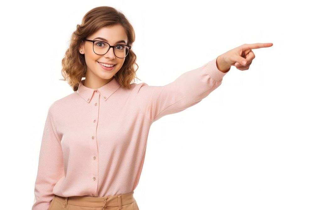 Caucasian woman pointing glasses blouse. AI generated Image by rawpixel.
