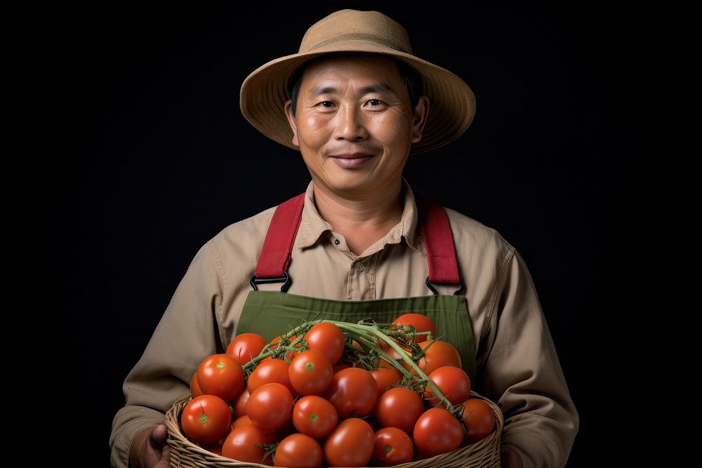 Happy asian farmer portrait holding tomato. AI generated Image by rawpixel.
