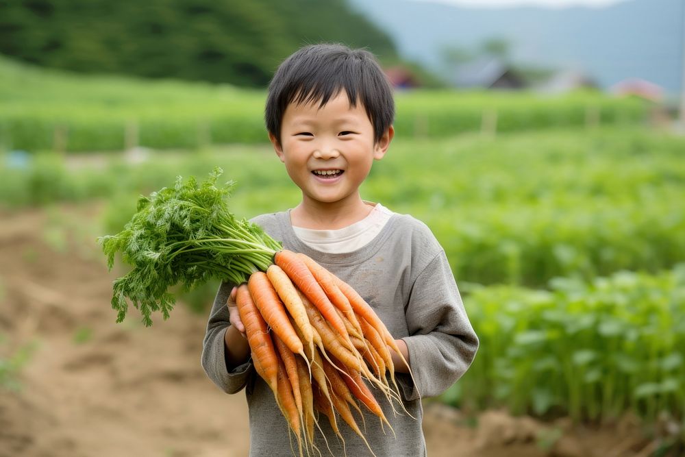 Happy asian farmer portrait holding carrot. AI generated Image by rawpixel.