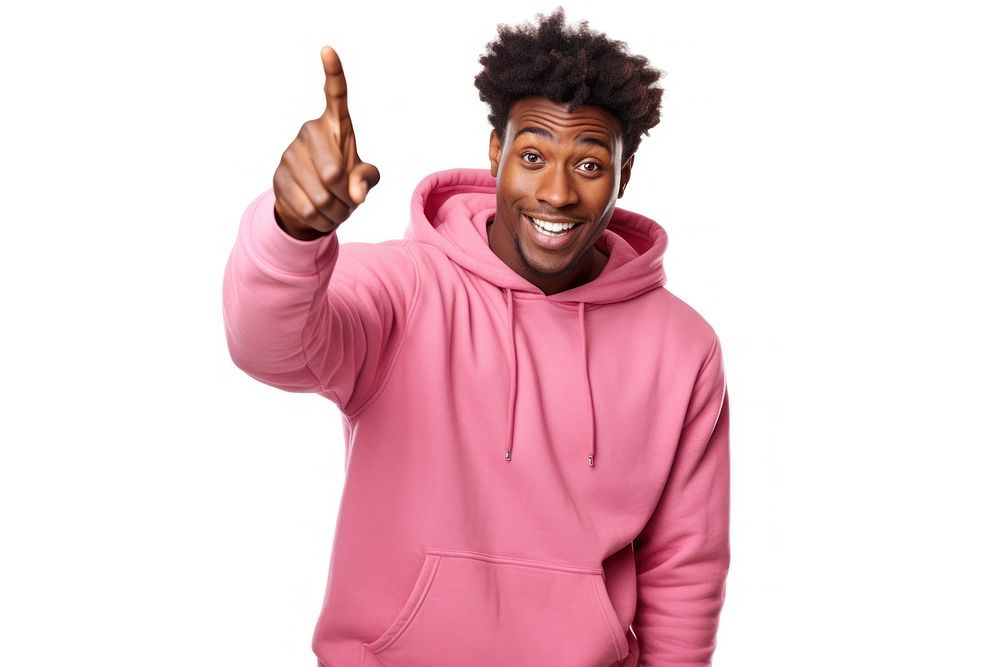 Young black man sweatshirt pointing portrait. 