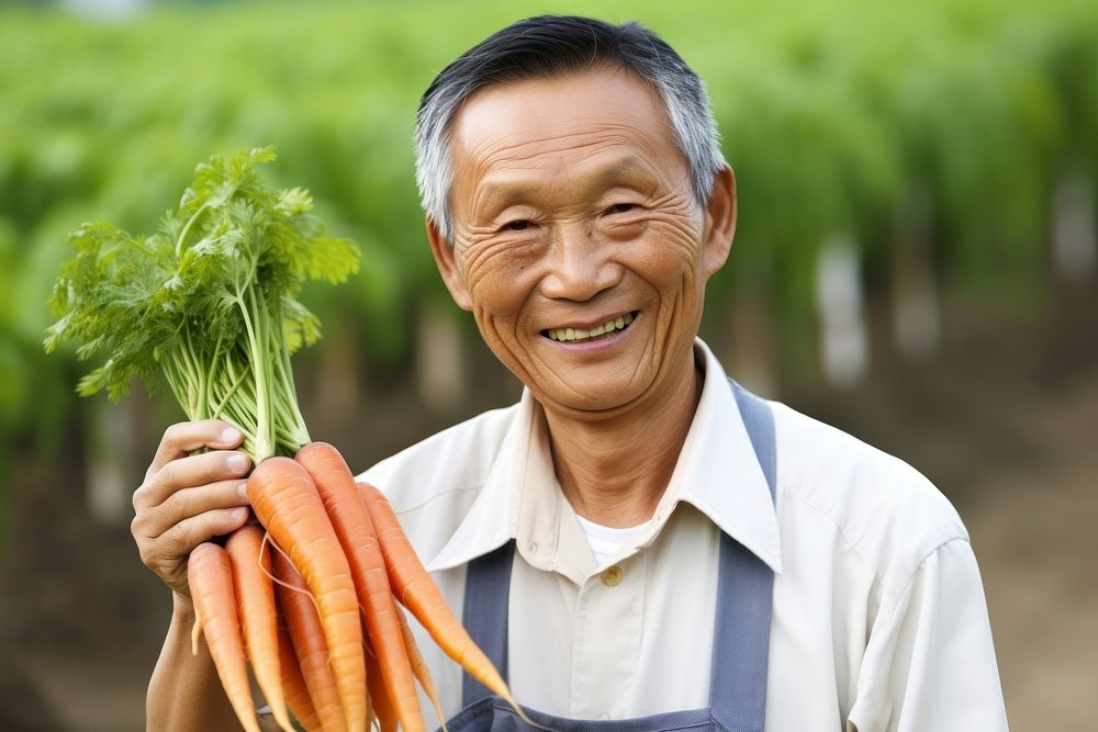 Happy asian farmer portrait holding carrot. AI generated Image by rawpixel.