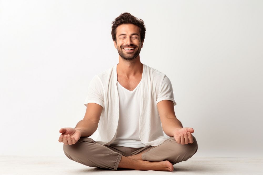 Happy smiling man meditating relaxation portrait. AI generated Image by rawpixel.