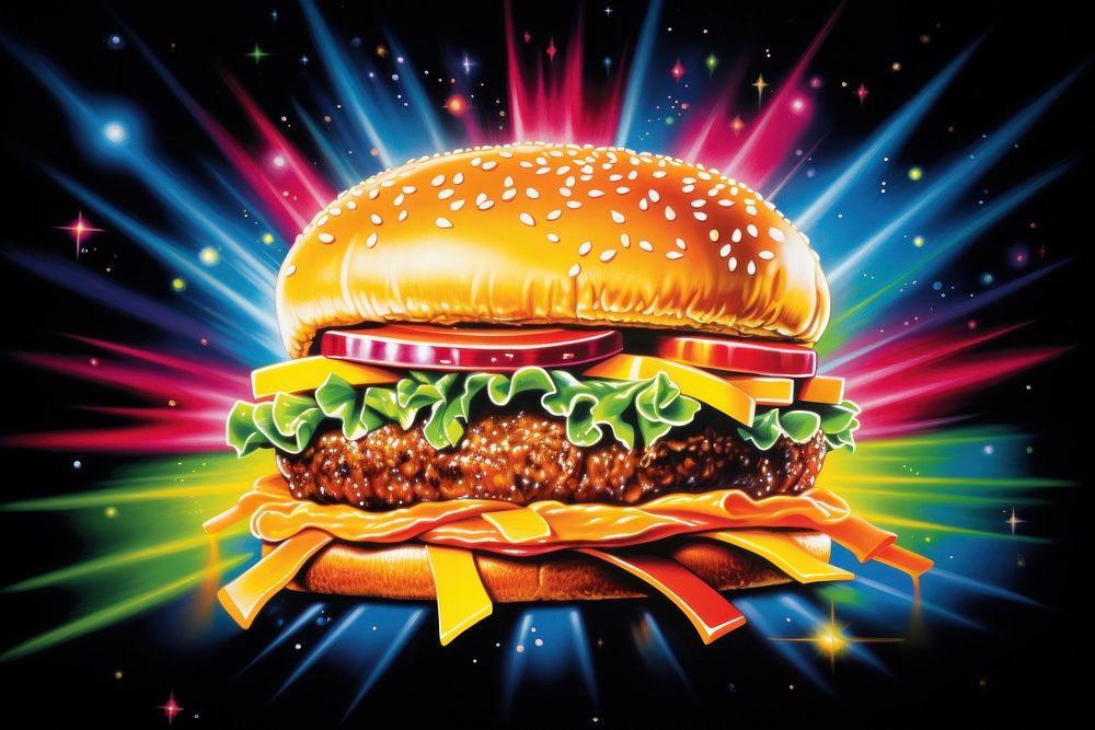 Burger food advertisement illuminated. AI generated Image by rawpixel.