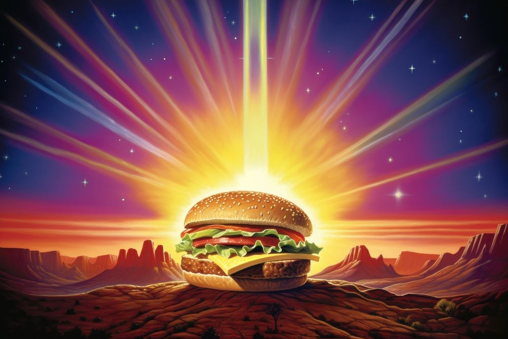 Burger food sky advertisement. AI generated Image by rawpixel.