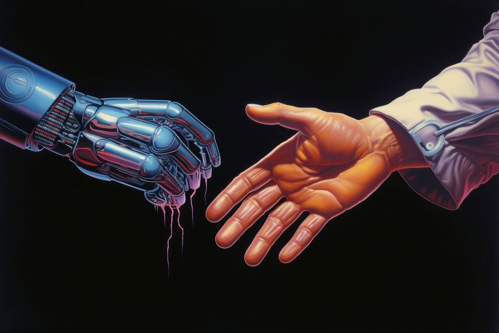 Hand and robot shakehand electronics futuristic handshake. AI generated Image by rawpixel.