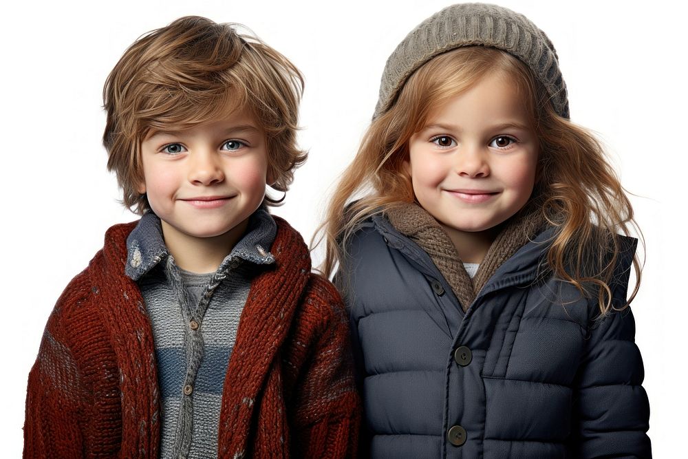 2 caucasian children portrait sweater jacket. AI generated Image by rawpixel.