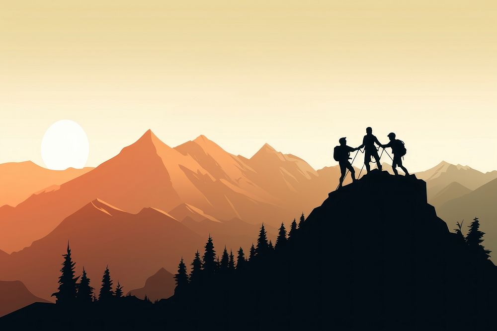 Teamwork silhouette landscape mountain. AI generated Image by rawpixel.
