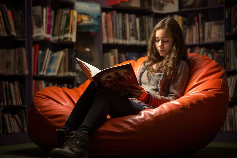 Teenager reading on a bean bag in the young adult section publication furniture library. AI generated Image by rawpixel.