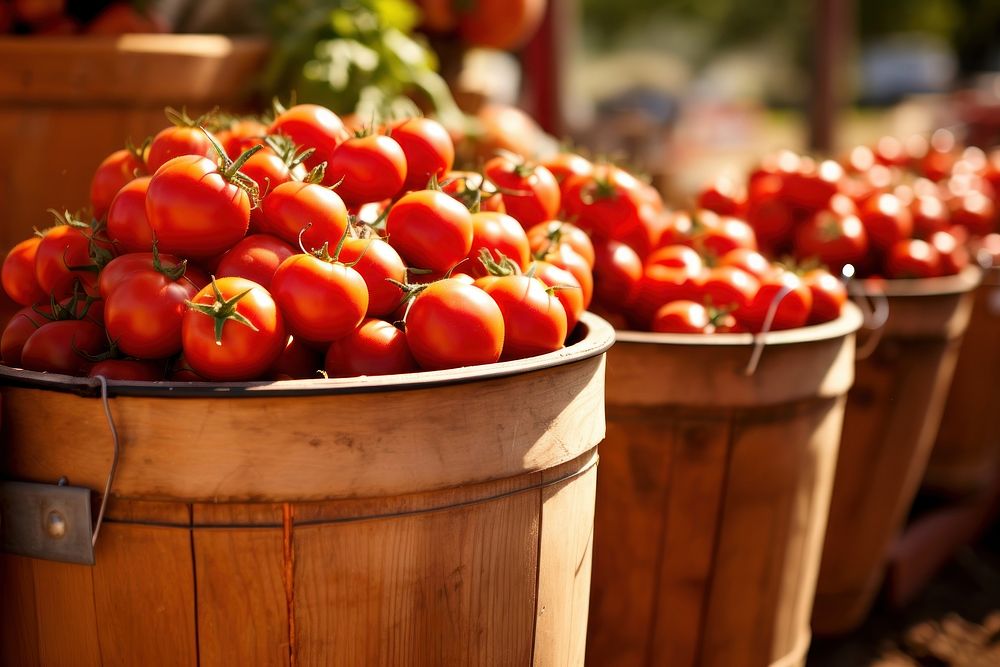 Tomatoes in buckets at farmers market vegetable plant food. AI generated Image by rawpixel.