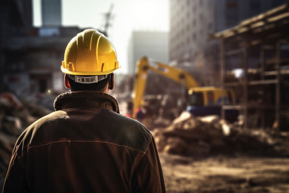 Worker in a hard hat overseeing a construction site with heavy machinery development industry hardhat. AI generated Image by…