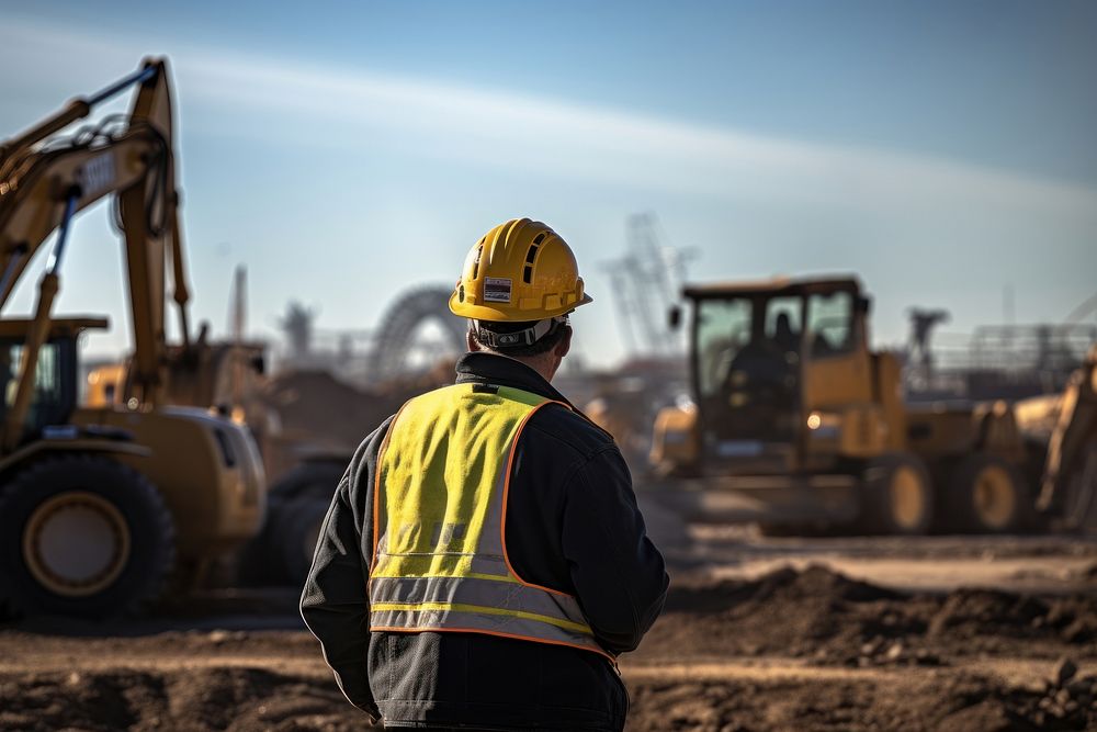 Worker in a hard hat overseeing a construction site with heavy machinery development industry hardhat. 