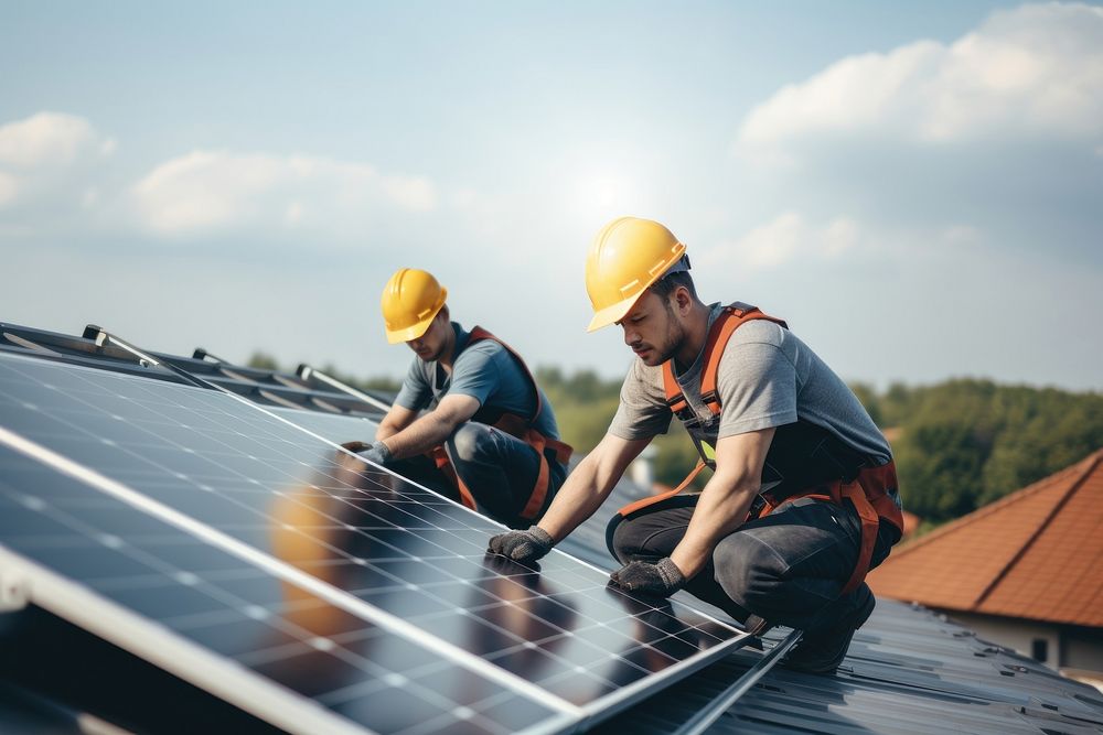 Carrying photovoltaic solar module outdoors helmet technician hardhat. AI generated Image by rawpixel.