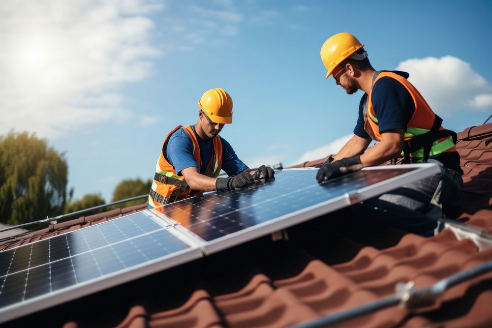 Carrying photovoltaic solar module outdoors helmet worker roof. AI generated Image by rawpixel.