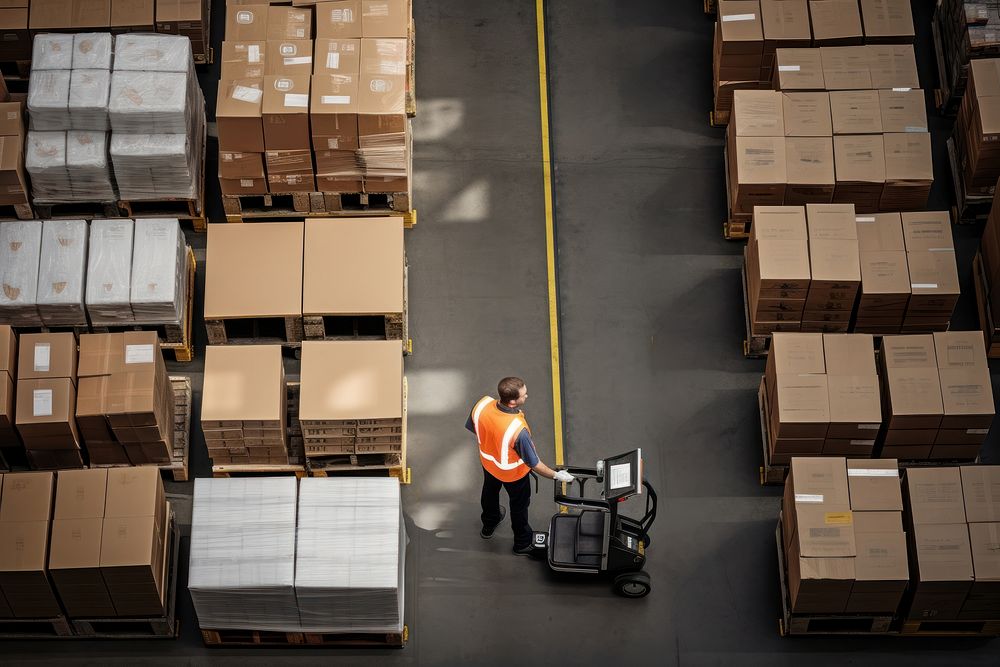 Young worker warehouse box architecture. 