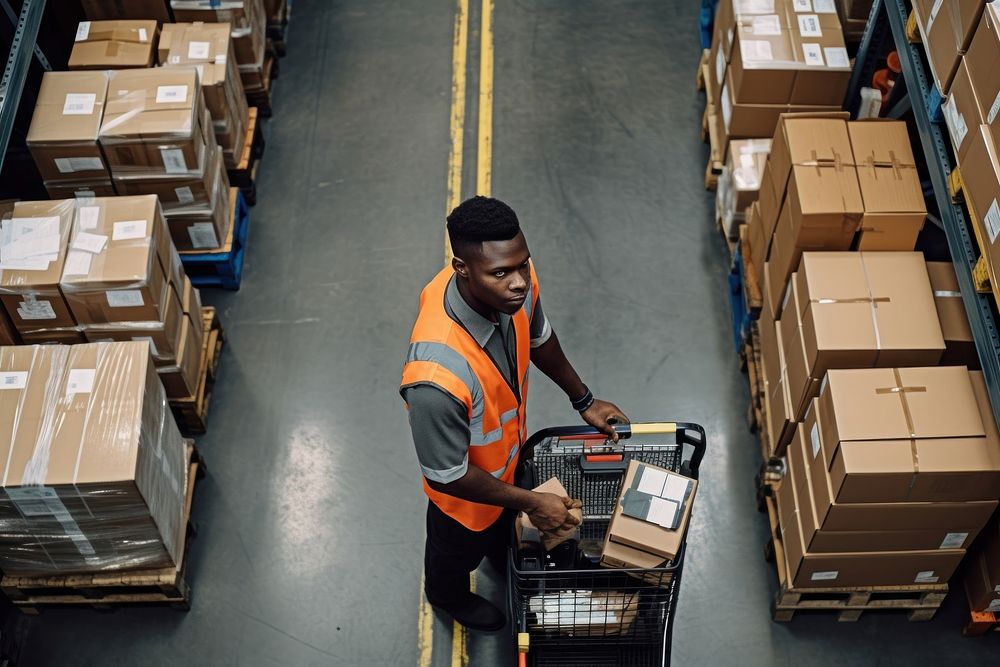 Young black worker box warehouse pushing. AI generated Image by rawpixel.