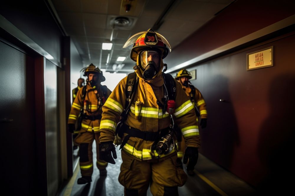 Firefighter team conducting training drills teamwork helmet adult. AI generated Image by rawpixel.