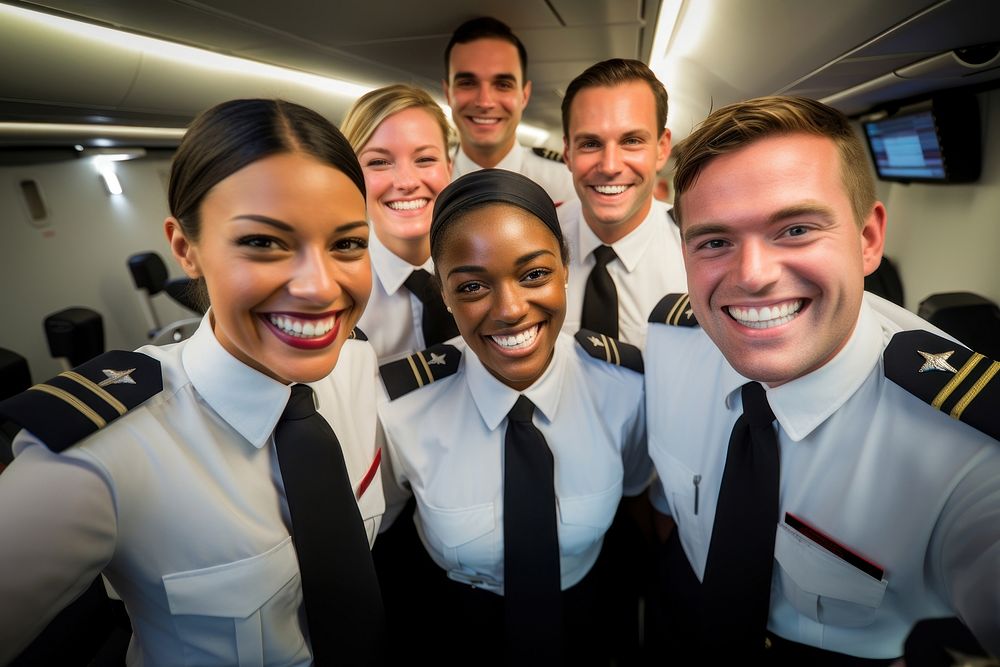 Group of flight attendants wearing professional uniforms adult aircraft cabin togetherness. AI generated Image by rawpixel.