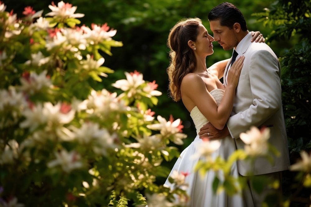A Hispanic bride and groom sharing an intimate moment amidst blooming gardens on their wedding day affectionate romance…