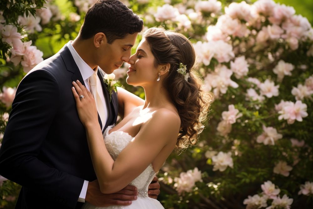 A Hispanic bride and groom sharing an intimate moment amidst blooming gardens on their wedding day affectionate portrait…