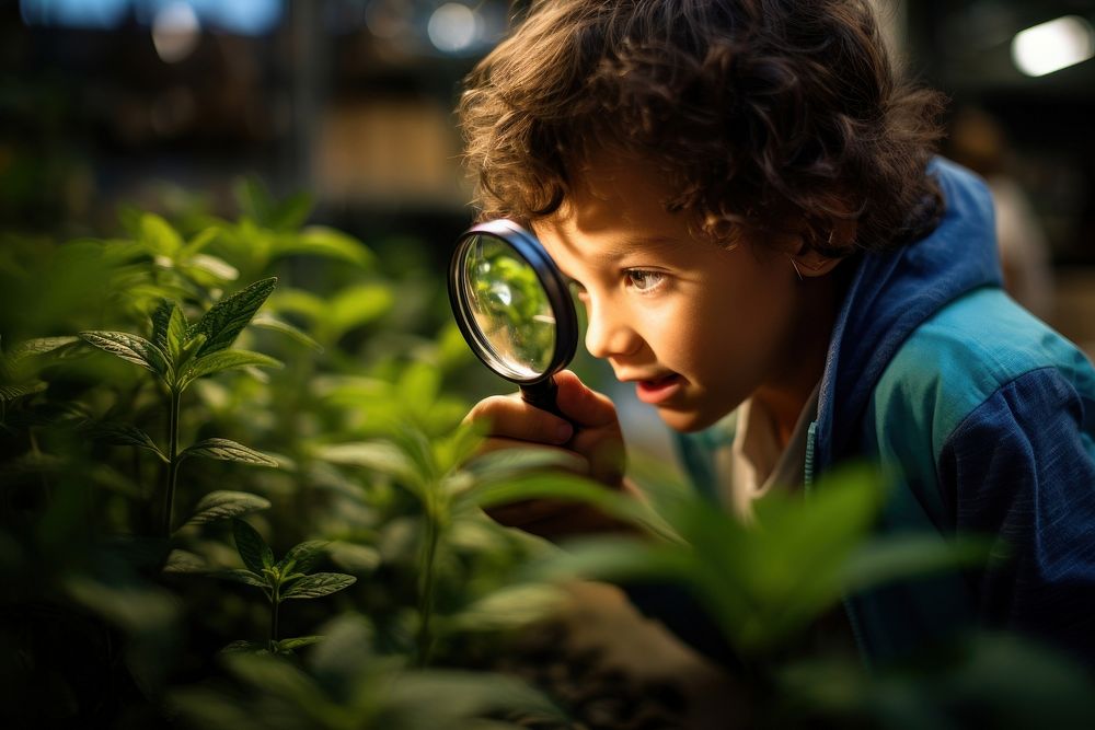 Kid fascinated by the details of a plant using a magnifying glass in a greenhouse light child photo. AI generated Image by…