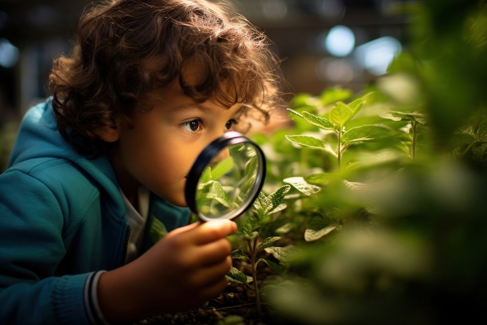 Kid fascinated by the details of a plant using a magnifying glass in a greenhouse portrait outdoors garden. AI generated…