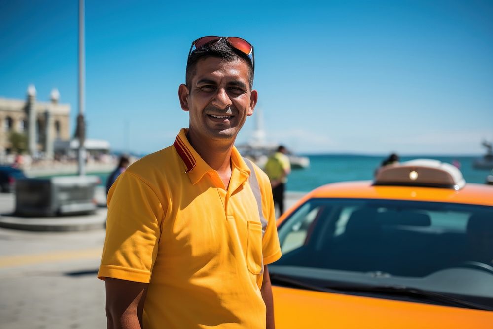 A latino taxi driver waiting for customers by the waterfront during summer portrait vehicle adult. AI generated Image by…