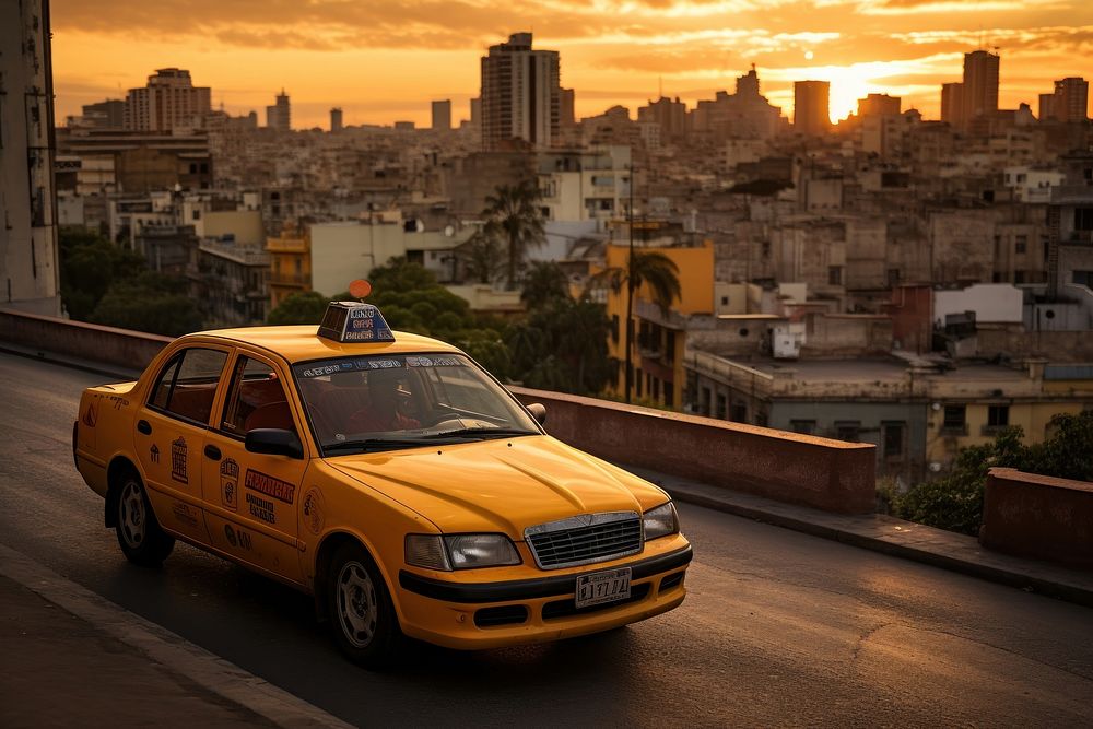 A Latino taxi driver parked with a view of a summer cityscape architecture building evening. AI generated Image by rawpixel.