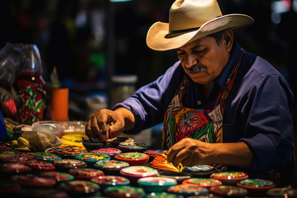 A Latino artist showcasing traditional crafts at a local market gambling adult concentration. AI generated Image by rawpixel.