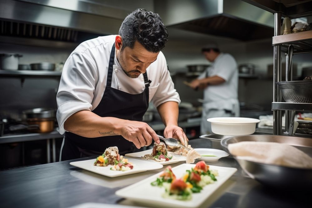 A Latino chef in a culinary workshop preparing a signature dish expertise cooking kitchen. AI generated Image by rawpixel.