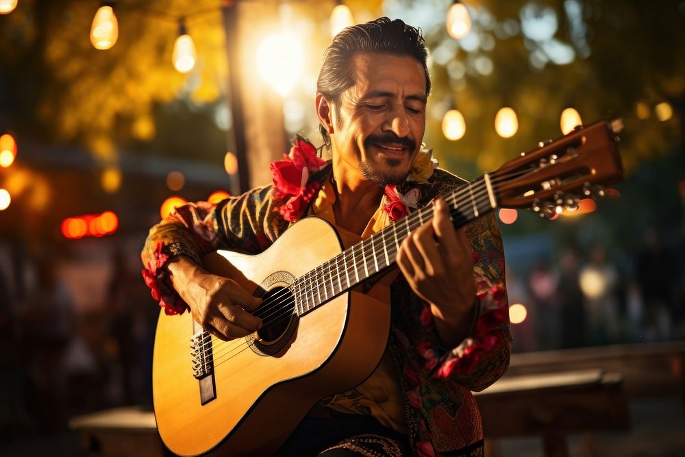 A Latino musician playing guitar at a lively outdoor fiesta outdoors adult entertainment. AI generated Image by rawpixel.