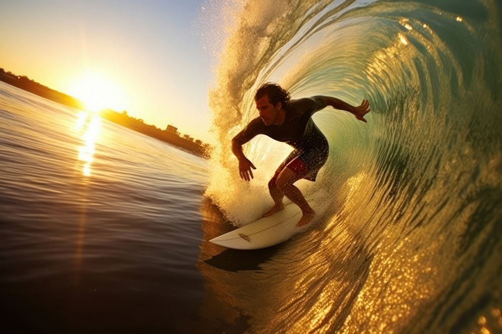 A Latino surfer catching waves at a popular beach during summer surfing outdoors nature