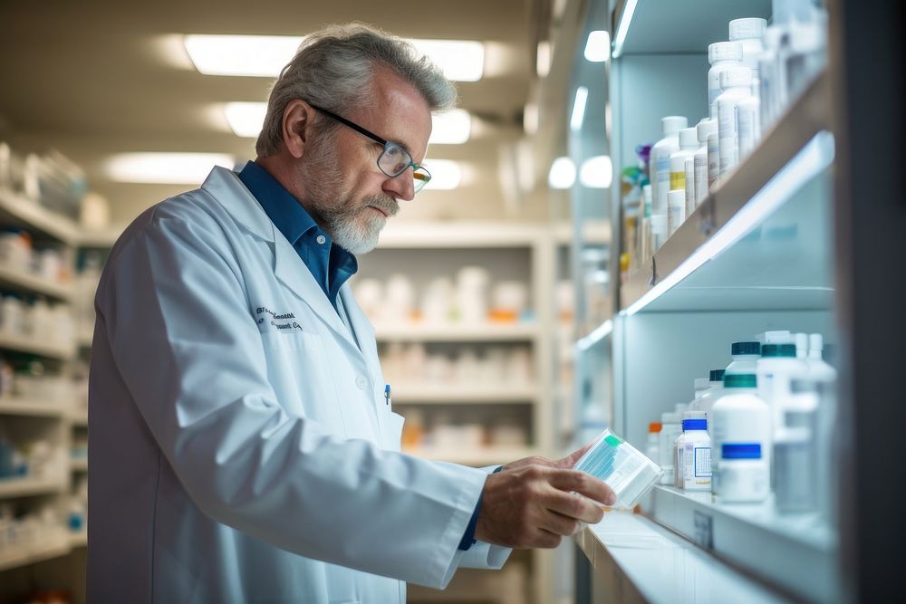 Pharmacist arranging medicine bottles on shelves in a well-lit pharmacy glasses adult tin. AI generated Image by rawpixel.