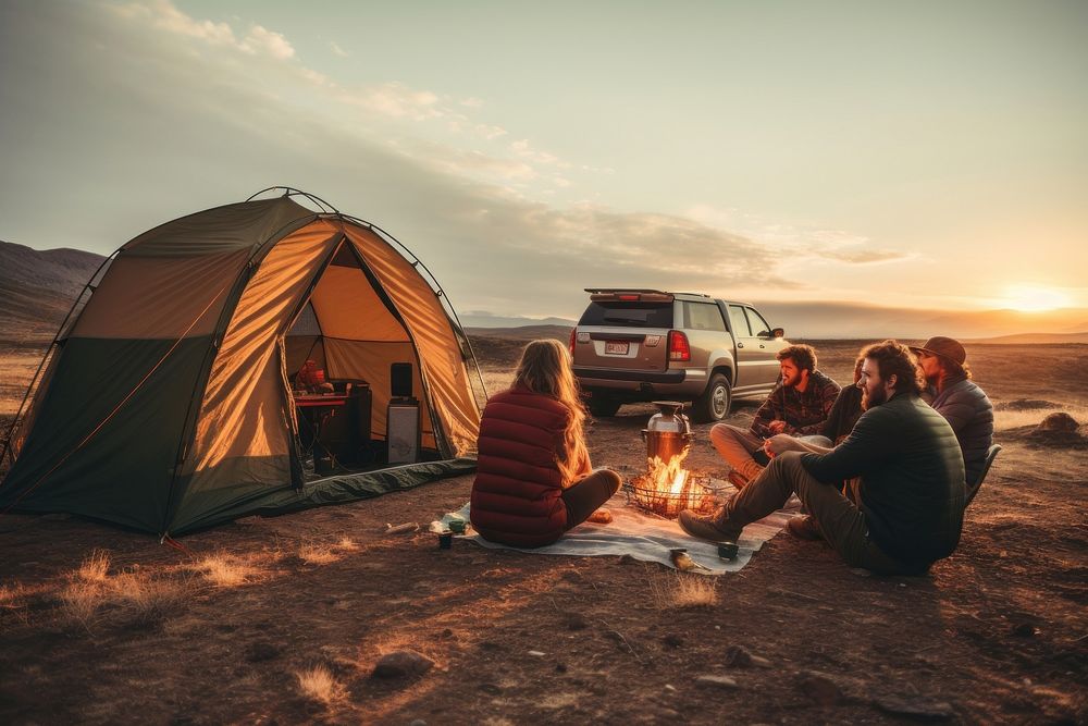 Friends camping outdoors vehicle. AI generated Image by rawpixel.