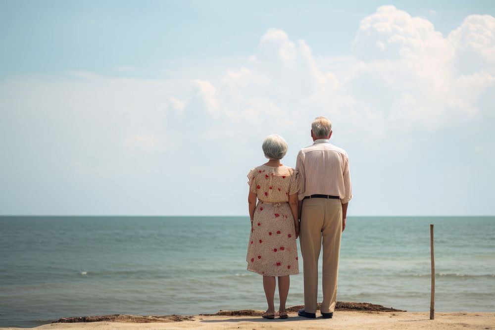Old married couple standing outdoors vacation. AI generated Image by rawpixel.