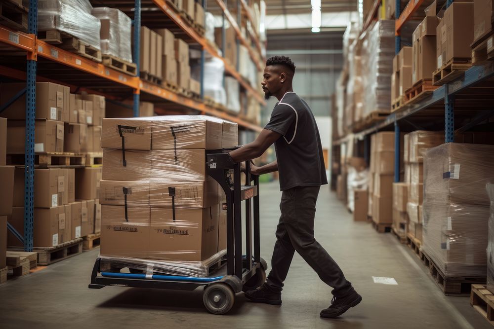 Young black worker pushing warehouse adult. AI generated Image by rawpixel.
