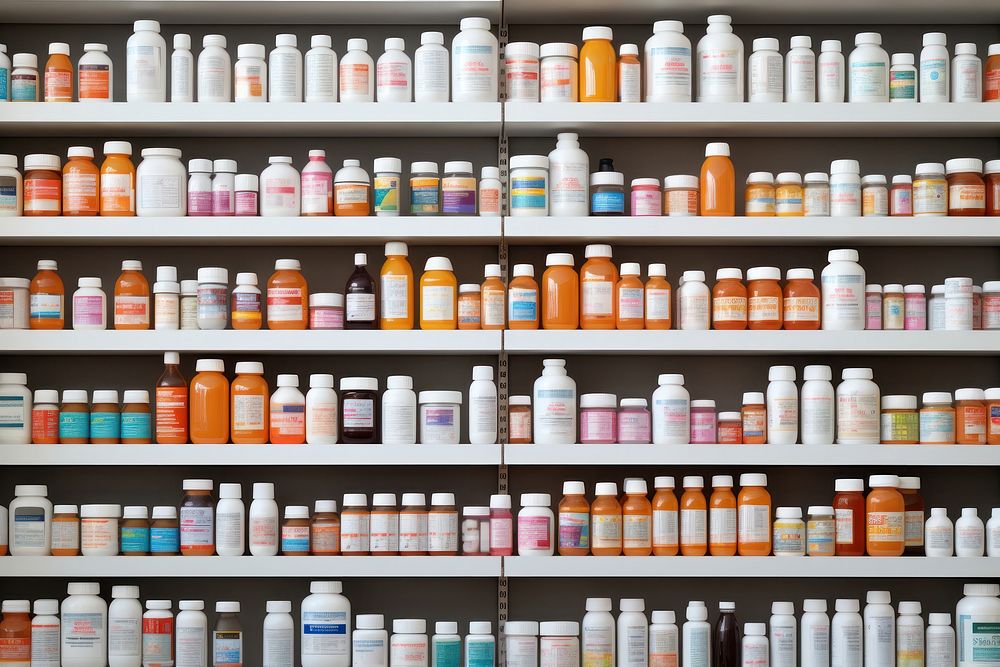 Pharmaceutical bottles pharmacy container arrangement. AI generated Image by rawpixel.