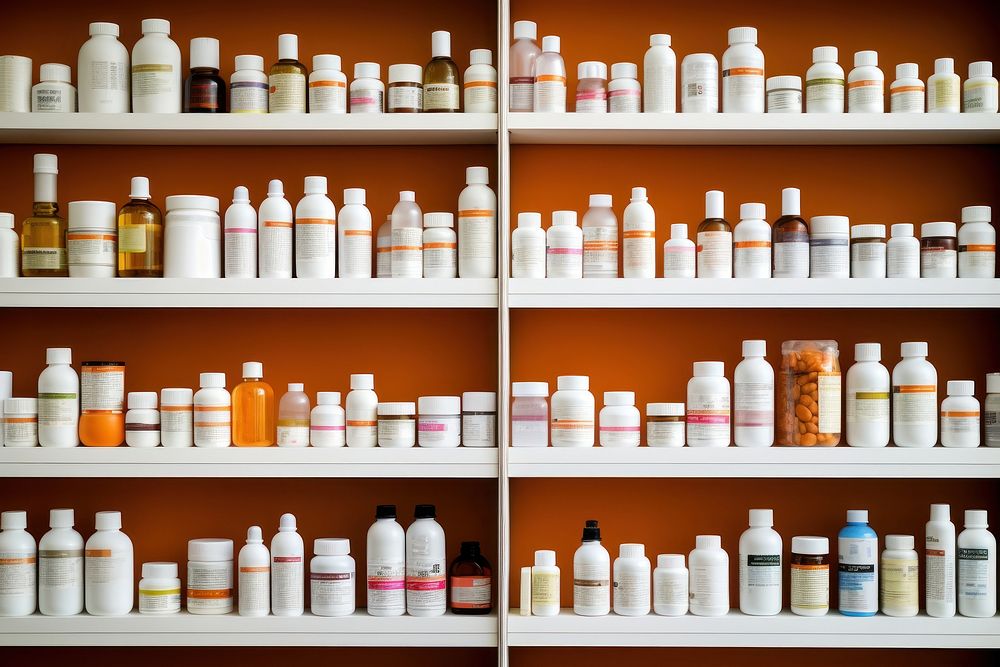 Pharmaceutical bottles pharmacy container shelf. AI generated Image by rawpixel.