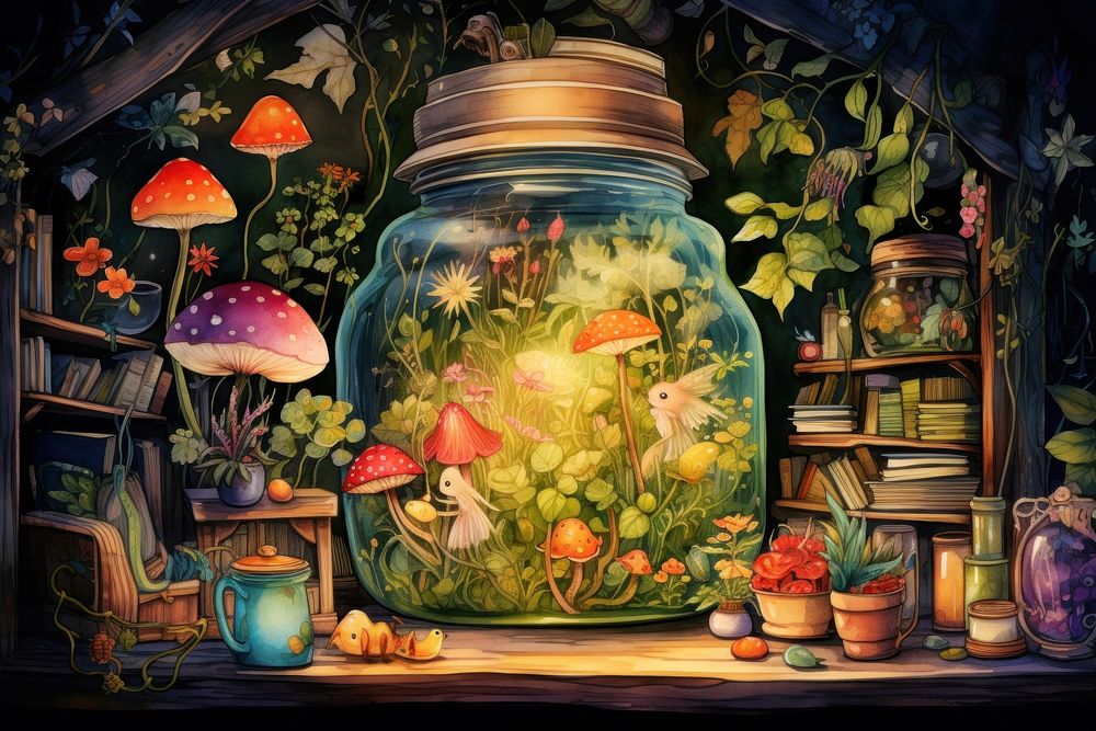 Garden fairy jar painting plant. AI generated Image by rawpixel.