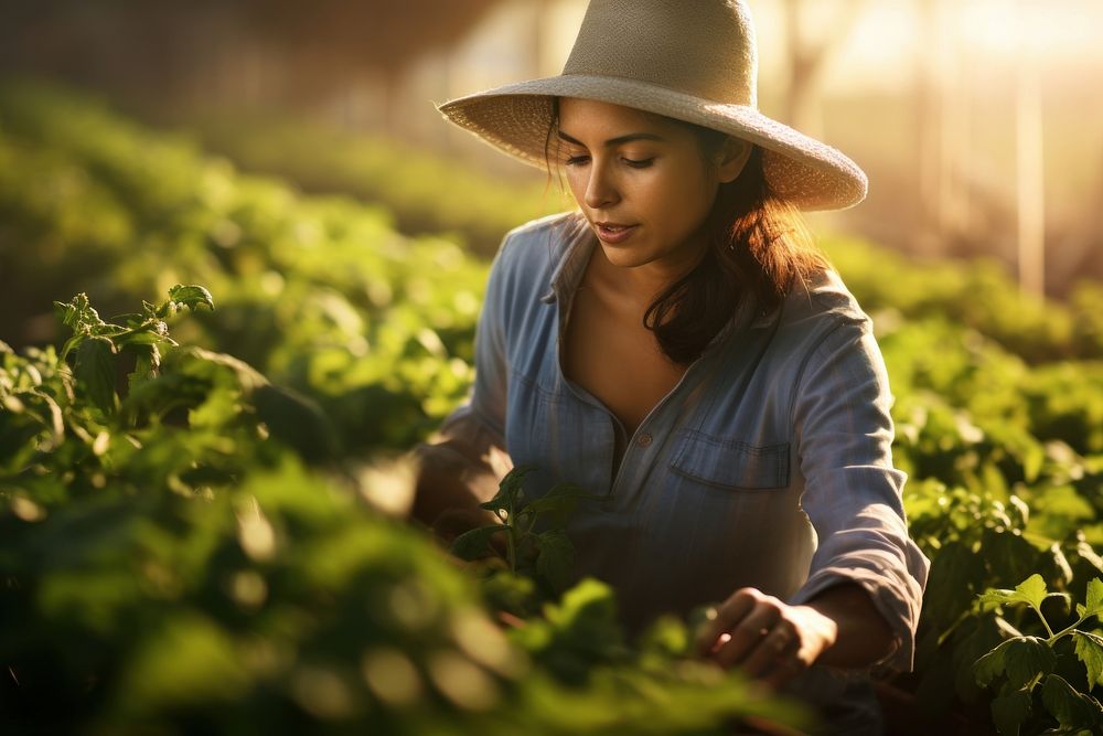 A young Latina farmer tending to crops in a sunlit organic farm agriculture field gardening. AI generated Image by rawpixel.
