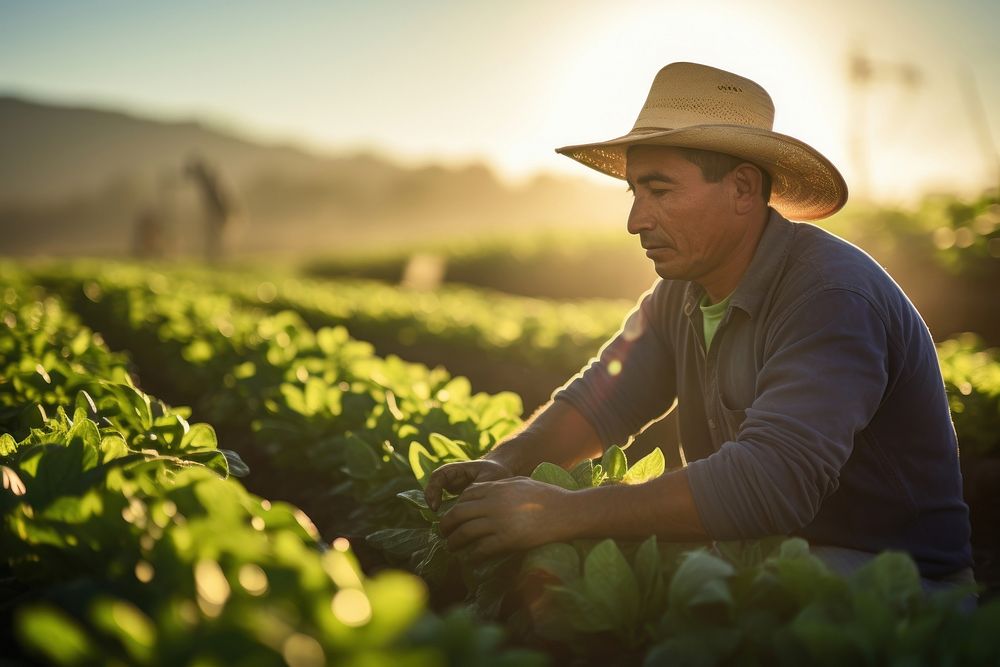 A young Latina farmer tending to crops in a sunlit organic farm agriculture vegetable sunlight. AI generated Image by…