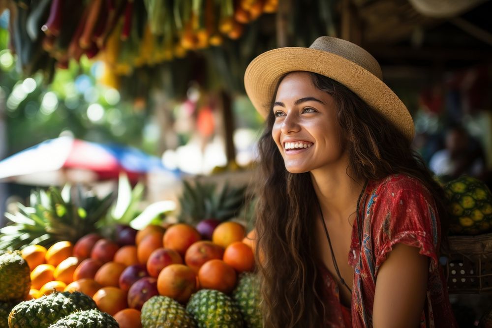 A young Latina savoring tropical fruits at a summer market photography freshness enjoyment. AI generated Image by rawpixel.